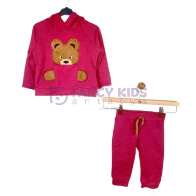 1-5 Yaş Kız Çocuk Eşofman Takımı Peluş Ayıcık Baskılı Vişne