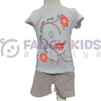 18 Ay-6 Yaş Kız Çocuk İkili Takım Baskılı Beyaz T-Shirt  Gri Kırmızı Çizgili Desenli Şortlu