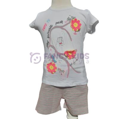 18 Ay-6 Yaş Kız Çocuk İkili Takım Baskılı Beyaz T-Shirt  Gri Kırmızı Çizgili Desenli Şortlu