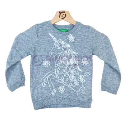 2-10 Yaş Kız Çocuk Sweat-Shirt Pullu Nakış İşlemeli Unicorn Baskılı Gri