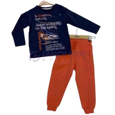 3-8 Yaş Erkek Çocuk Baskılı Sweat-Shirt İkili Takım Lacivert Kiremit