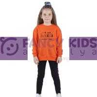 3-8 Yaş Kız Çocuk Baskılı Sweat-Shirt Tayt  İkili Takım Siyah – Turuncu  
