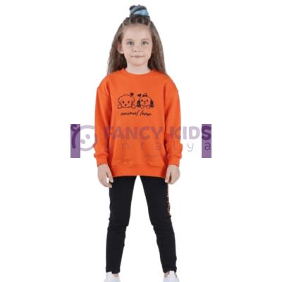 3-8 Yaş Kız Çocuk Baskılı Sweat-Shirt Tayt  İkili Takım Siyah – Turuncu  