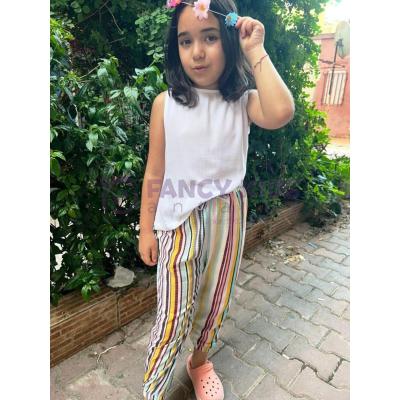 Kız Çocuk İkili Takım Beyaz Bluz Renkli Çizgili Pantolonlu 