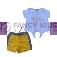 4- 8 Yaş Kız Çocuk İkili Takım Dance Baskılı T-Shirt Palmiye Şort Beyaz - Sarı