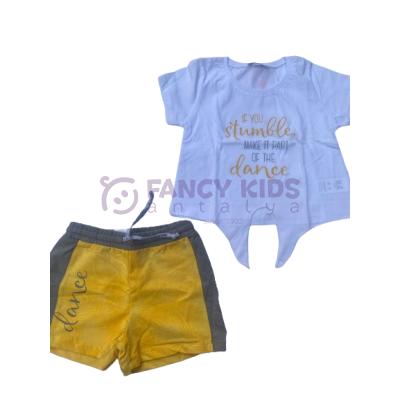 4- 8 Yaş Kız Çocuk İkili Takım Dance Baskılı T-Shirt Palmiye Şort Beyaz - Sarı