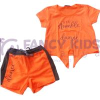4- 8 Yaş Kız Çocuk İkili Takım Neon Dance Baskılı T-Shirt Palmiye Şort Turuncu