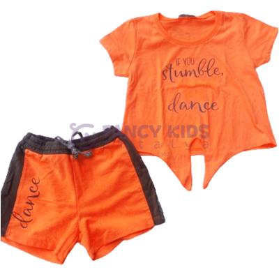 4- 8 Yaş Kız Çocuk İkili Takım Neon Dance Baskılı T-Shirt Palmiye Şort Turuncu