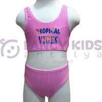 4-14 Yaş Kız Çocuk Bikini Çizgili Pembe
