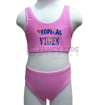 4-14 Yaş Kız Çocuk Bikini Çizgili Pembe