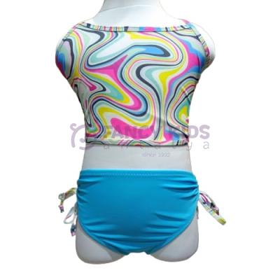4-14 Yaş Kız Çocuk Bikini Dalgalı Ebru Desenli Turkuaz