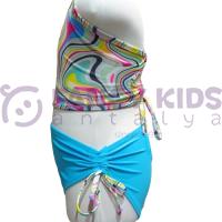 4-14 Yaş Kız Çocuk Bikini Dalgalı Ebru Desenli Turkuaz