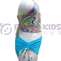 4-14 Yaş Kız Çocuk Bikini Dalgalı Ebru Desenli Turkuaz