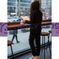 Kız Çocuk Siyah Baskılı Kapüşonlu Crop Eşofman Takımı – Pamuklu ve Lastikli Spor Kombin