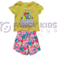6-36 Ay Kız Çocuk İkili Takım Baskılı T-Shirt + Desenli Şortlu Sarı - Pembe