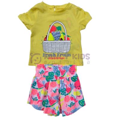 6-36 Ay Kız Çocuk İkili Takım Baskılı T-Shirt + Desenli Şortlu Sarı - Pembe