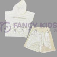 8-14 Yaş Kız Çocuk İkili Takım Vizon Kapüşonlu Sweat - Shirt Parlak Şort