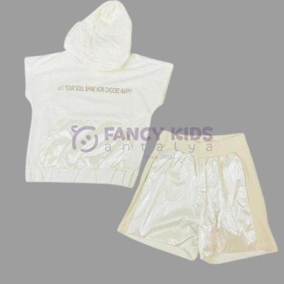 8-14 Yaş Kız Çocuk İkili Takım Vizon Kapüşonlu Sweat - Shirt Parlak Şort