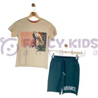8-14 Yaş Erkek Çocuk İkili Takım Baskılı Bej T-Shirt Haki Şort