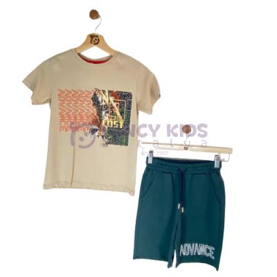 8-14 Yaş Erkek Çocuk İkili Takım Baskılı Bej T-Shirt Haki Şort