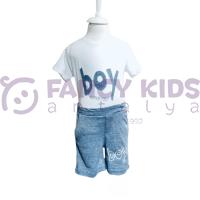 1-6 Yaş Erkek Çocuk İkili Takım Baskılı Beyaz T-Shirt Gri Şort