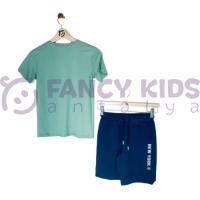 Erkek Çocuk İkili Takım Baskılı Yeşil T-Shirt Lacivert Şort 8 -14 Yaş
