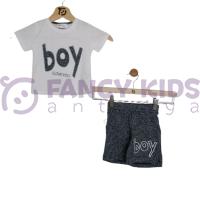 1-6 Yaş Erkek Çocuk İkili Takım Baskılı Beyaz T-Shirt Gri Şort