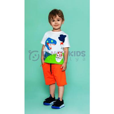 18 Ay - 5 Yaş Erkek Çocuk İkili Takım Dinozor Basklı T-Shirt Turuncu Şort