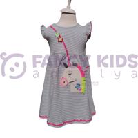 1-7 Yaş Kız Çocuk Elbise Unicorn Baskılı Çizgili Beyaz Mavi