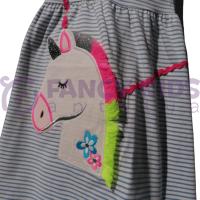1-7 Yaş Kız Çocuk Elbise Unicorn Baskılı Çizgili Beyaz Mavi