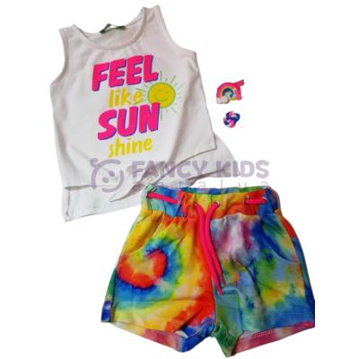 18 Ay-6 Yaş Kız Çocuk İkili Takım Baskılı Beyaz T-Shirt  Desenli Şortlu