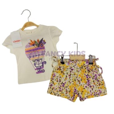 6-36 Ay Kız Çocuk İkili Takım Baskılı Ekru T-Shirt  Çiçekli Desenli Şort