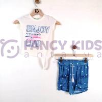 3-8 Yaş Kız Çocuk İkili Takım Baskılı Ekru T-Shirt Puanlı Mavi Şort
