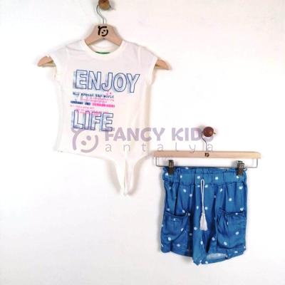 3-8 Yaş Kız Çocuk İkili Takım Baskılı Ekru T-Shirt Puanlı Mavi Şort