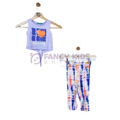 18 Ay-6 Yaş Kız Çocuk İkili Takım Desenli Crop Atlet T-Shirt Tayt Lila