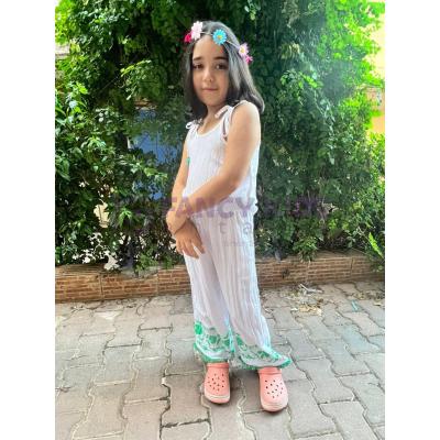 Kız Çocuk İkili Takım İp Askılı Bluz + Baskılı Pantolonlu  Beyaz - Yeşil