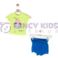 3-8 Yaş Kız Çocuk İkili Takım Neon Yeşil T-Shirt Mavi Şortlu
