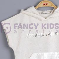 8-14 Yaş Kız Çocuk İkili Takım Vizon Kapüşonlu Sweat - Shirt Parlak Şort