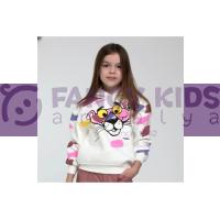 3-14 Yaş Kız Çocuk Sweat Shirt Kapüşonlu Pembe Panter Baskılı Kırık Beyaz