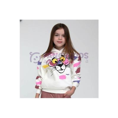 3-14 Yaş Kız Çocuk Sweat Shirt Kapüşonlu Pembe Panter Baskılı Kırık Beyaz