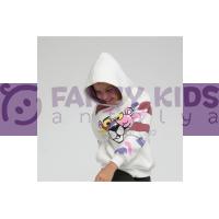 Kız Çocuk Sweat Shirt Kapüşonlu Pembe Panter Baskılı Kırık Beyaz