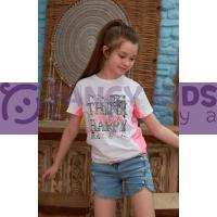 7-14 Yaş Kız Çocuk T-Shirt Baskılı Beyaz - Pembe Belden Lastikli