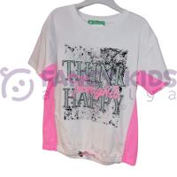 7-14 Yaş Kız Çocuk T-Shirt Baskılı Beyaz - Pembe Belden Lastikli