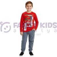 Erkek Çocuk Baskılı İkili Eşofman Takımı Kırmızı Gri Pamuklu Rahat Kalıp