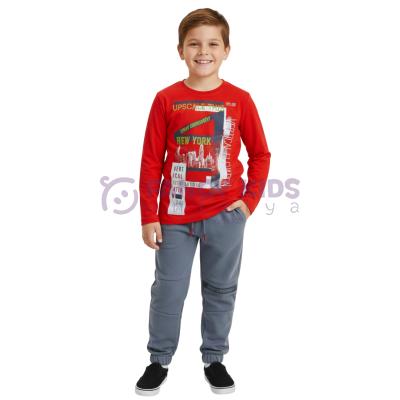 Erkek Çocuk Baskılı İkili Eşofman Takımı Kırmızı Gri Pamuklu Rahat Kalıp