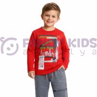 Erkek Çocuk Baskılı İkili Eşofman Takımı Kırmızı Gri Pamuklu Rahat Kalıp