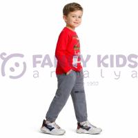 Erkek Çocuk Baskılı İkili Eşofman Takımı Kırmızı Gri Pamuklu Rahat Kalıp