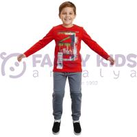 Erkek Çocuk Baskılı İkili Eşofman Takımı Kırmızı Gri Pamuklu Rahat Kalıp