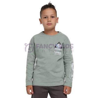 Erkek Çocuk Baskılı Yeşil Sweatshirt %100 Pamuk Rahat Regular Kesim