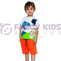 Erkek Çocuk Dinozor Baskılı İkili Takım – Turuncu Şortlu %100 Pamuk Yazlık Kombin